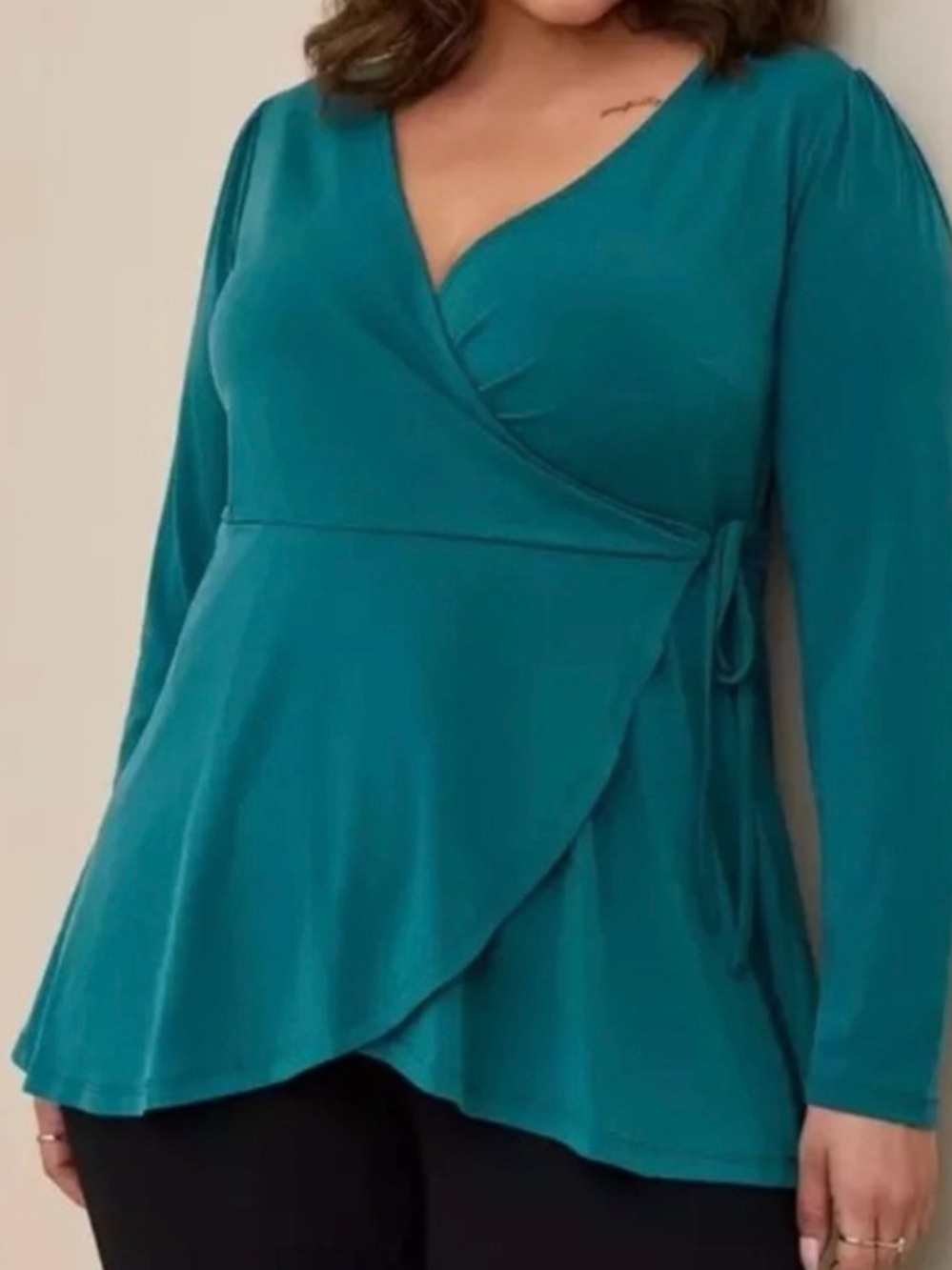 Torrid 4K Green Teal Surplice Faux Wrap V Neck Top 3X Career Office